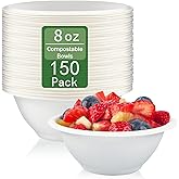 ZORRITA 150 Pack 8 oz Compostable Paper Bowls Small Disposable Soup Bowls White Natural Sugarcane Biodegradable Bowls for Ice Cream, Desserts, Salads, Pet Food