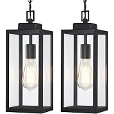 15'' Outdoor Pendant Light 2 Packs, Outside Chandelier Hanging Lantern | Large, Modern Outside Chandelier, Matte Black with Clear Glass, Exterior Pendant Lighting Fixture Ceiling Mount for Porch