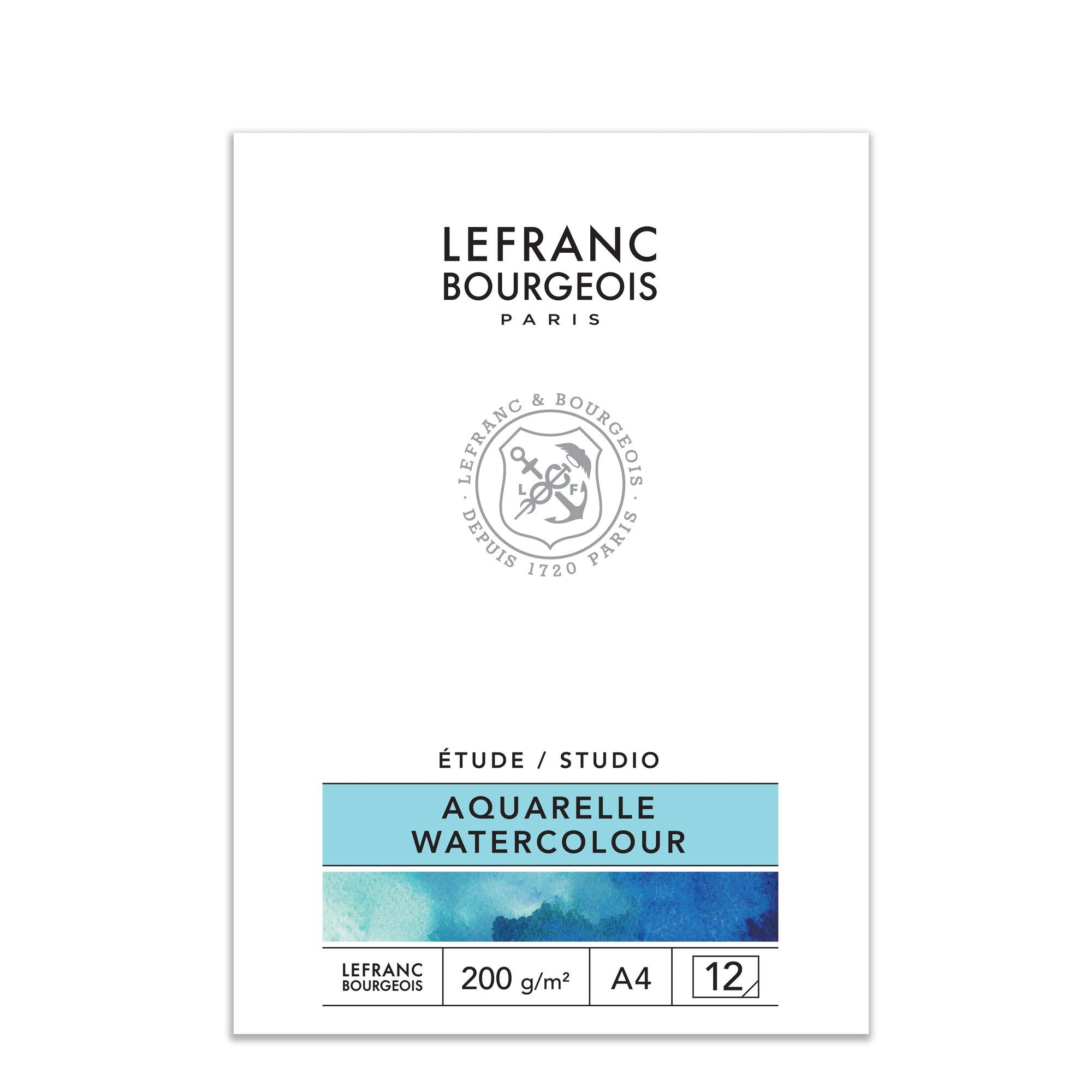 Lefranc Bourgeois 301342 Studio Watercolour Pad 12 Sheets - A4, 200 g/m², Cold Pressed Paper in Natural White for Painting with Watercolours, Acrylic Paints & Gouache