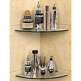 Bakzon Tempered Glass Corner Shower Shelves for Inside Shower, 2-Pack No Drill Adhesive Bathroom Organizer, Rustproof Aluminum Brackets, Glass Shower Corner Shelf