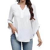 Casuluxy Womens Dressy Split Neck Blouse 3/4 Sleeve Casual Loose Fit Shirt