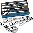 YIYEIE 6-Piece Flex Head Ratchet Set, 1/4", 3/8", 1/2" Drive, Swivel Head Ratchet Wrench with Extension Bar, 72 Tooth, 180° Adjustable, Quick-Release, Flexible Ratchet Handle with EVA Foam