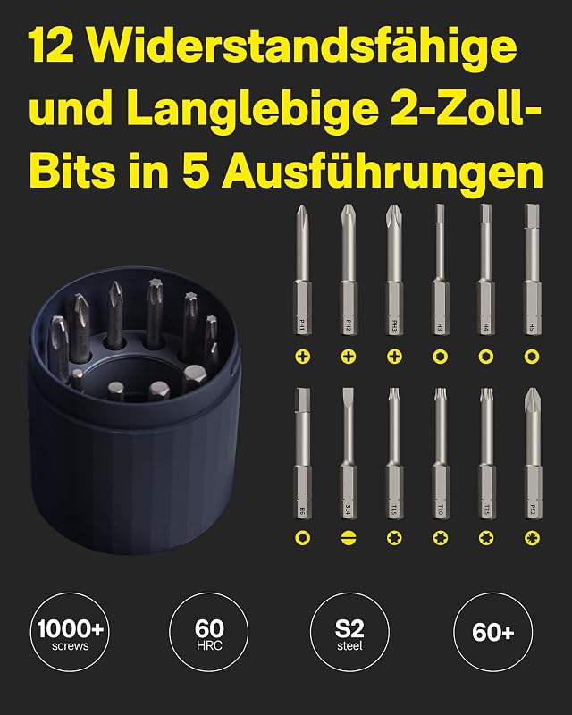 Elektrischer Schraubendreher Set, 12 Bits, 3 Drehmomente bis zu 4 Nm
