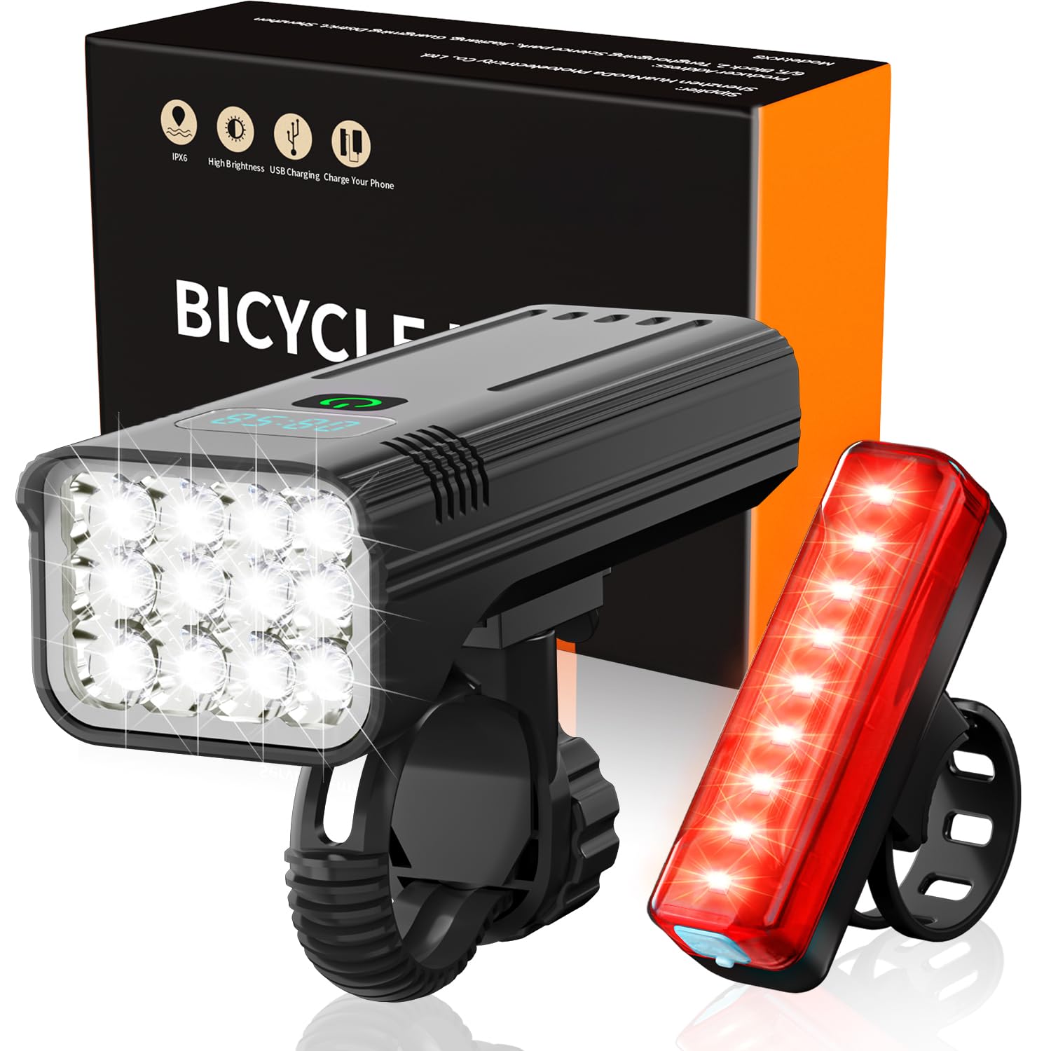 Venbok Bike Lights Front and Back, 12 LED 9000 Lumen Super Bright 13800 mAh 60H Runtime Aluminum Bicycle Headlight and 40H Runtime Rear Light, IPX6 USB Rechargeable Cycle Light Adult