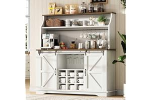 REVOMINCA Farmhouse Coffee Bar Cabinet with 3-Tier Storage, 47 Inch Coffee Bar Hutch with 12 Wine Racks and 3 Glass Holders, White Wine Cabinet with 6 Hooks for Living Dining Room