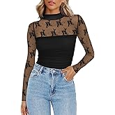 Yousify Womens Mock Neck Mesh Top Floral Lace Long Sleeve Tops Sheer See Through Sexy Going Out Shirts