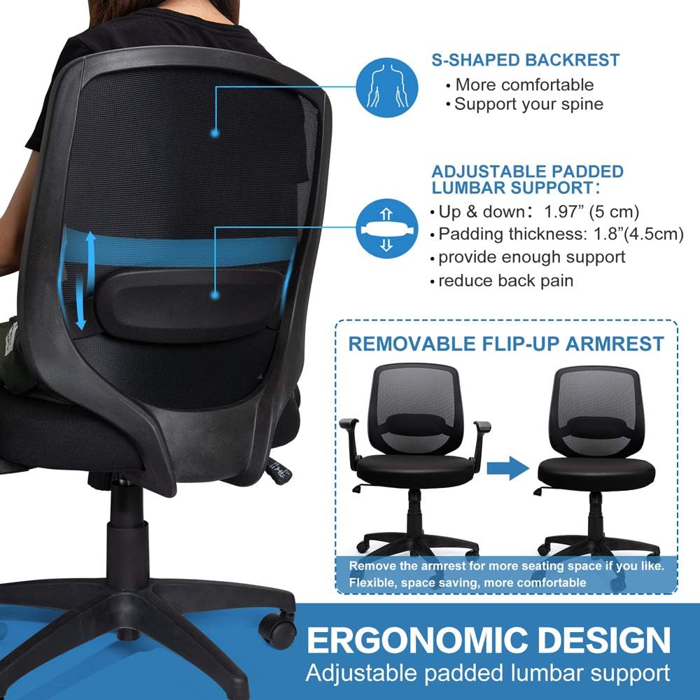 KOLLIEE Mid Back Mesh Office Chair Ergonomic Swivel Black Desk Office Chair Flip Up Armrests with Lumbar Support Adjustable Height Computer Task Chairs: Kitchen & Dining
