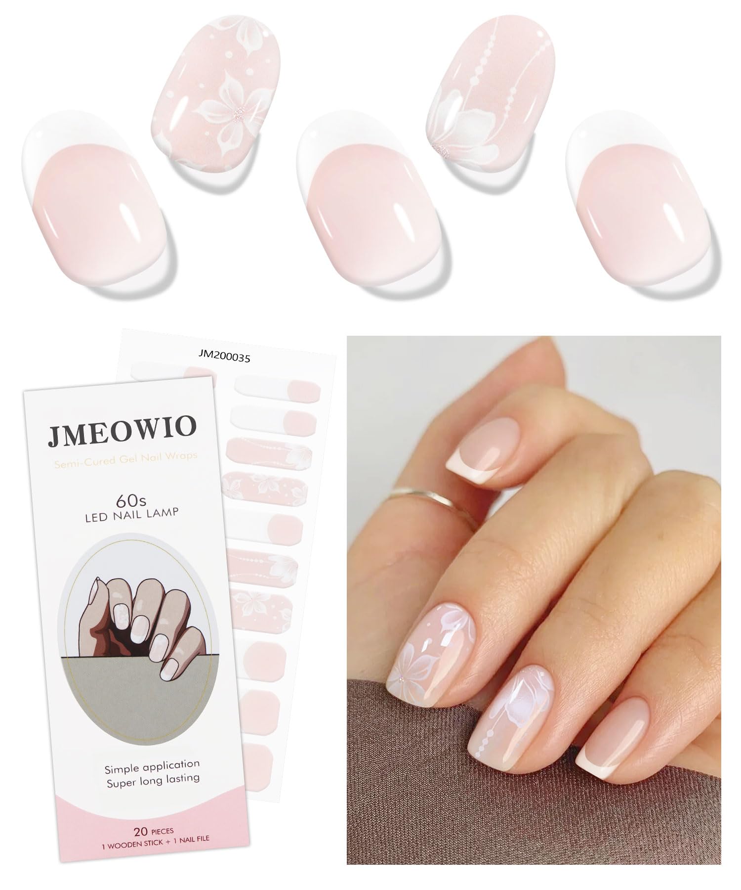 JMEOWIO Gel Nail Stickers French Tip White Flower Semi Cured Gel Nail Strips Wraps UV/LED Nails Art Design Decoration Accessories