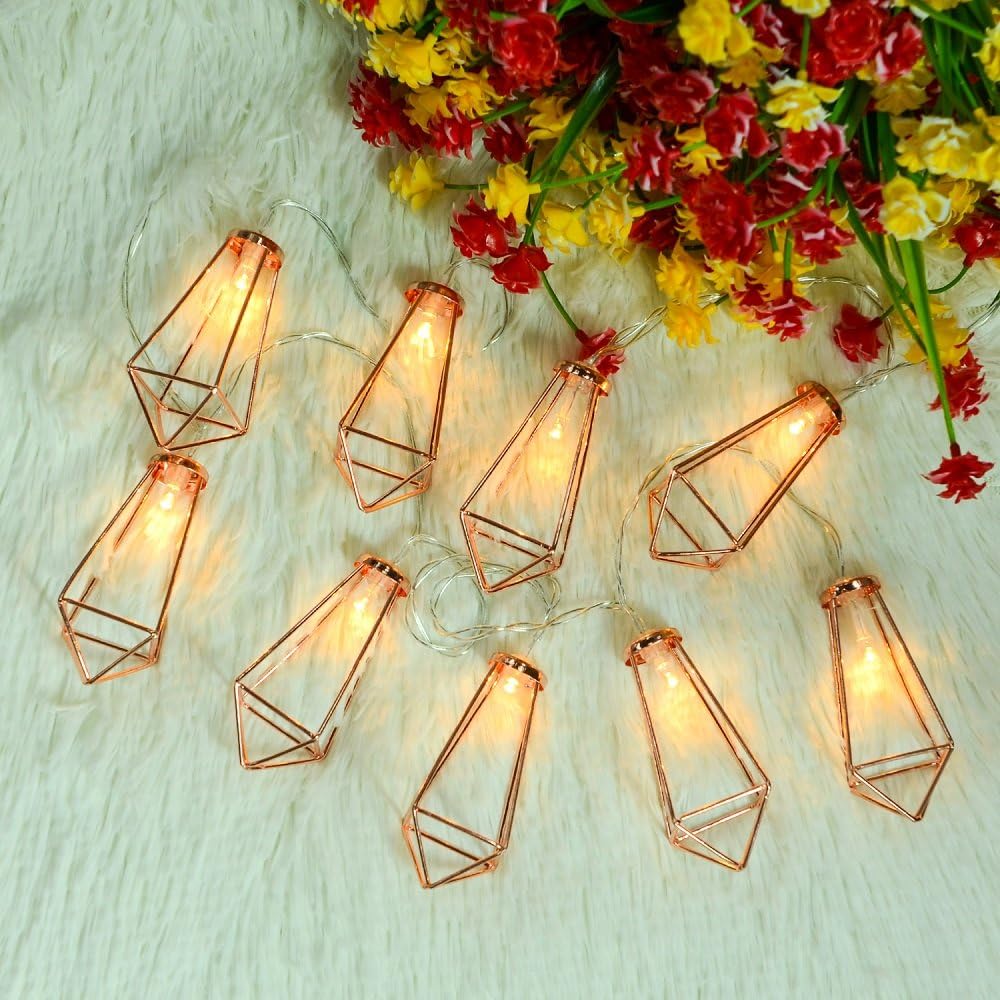 Omika 10Ft 20 LED Rose Gold Bedroom Fairy Lights - USB & Battery Powered, Geometric Boho Metal Cage String Lights for Wedding Party Indoor Patio Camping Wall Decor