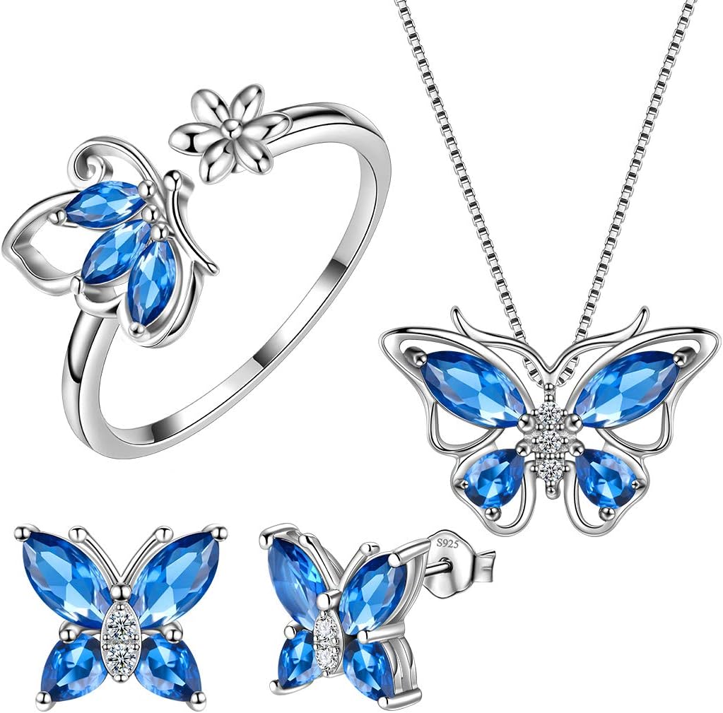 Aurora TearsButterfly Jewelry,Women 925 Sterling Silver Butterflies Birthstone Pendant Necklace/Earrings/Rings Wedding Gift