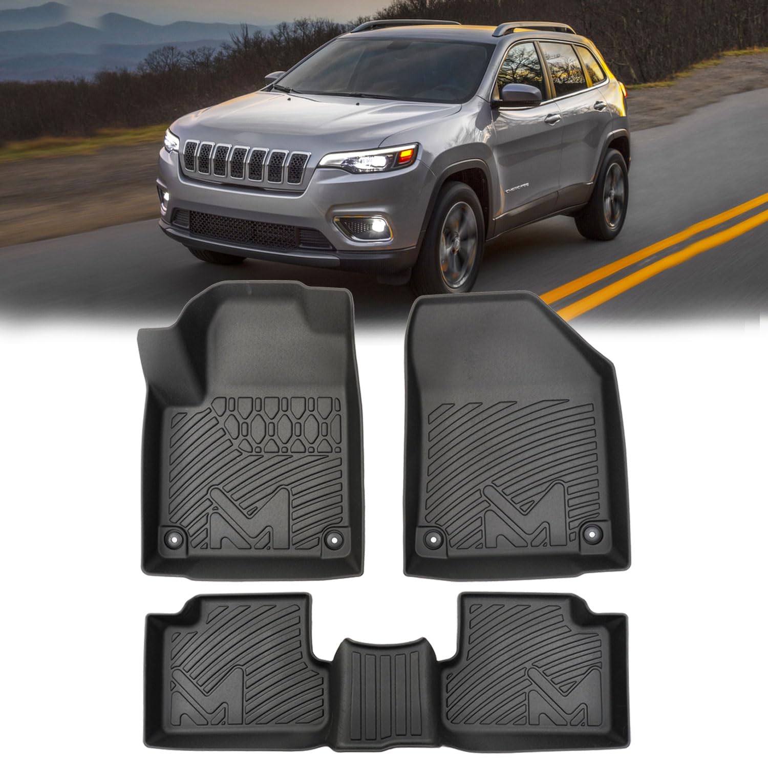 TPE Automotive Floor Mats Custom for 2016-2023 Jeep Cherokee (Not for Grand Cherokee), All Weather Cover Protection Waterproof Black Floor Liner Front & Rear Row Full Set Car Mats, 3PCS Image