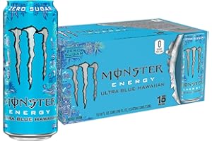 Monster Energy Ultra Blue Hawaiian, Sugar Free Energy Drink, 16 Ounce (Pack of 15)