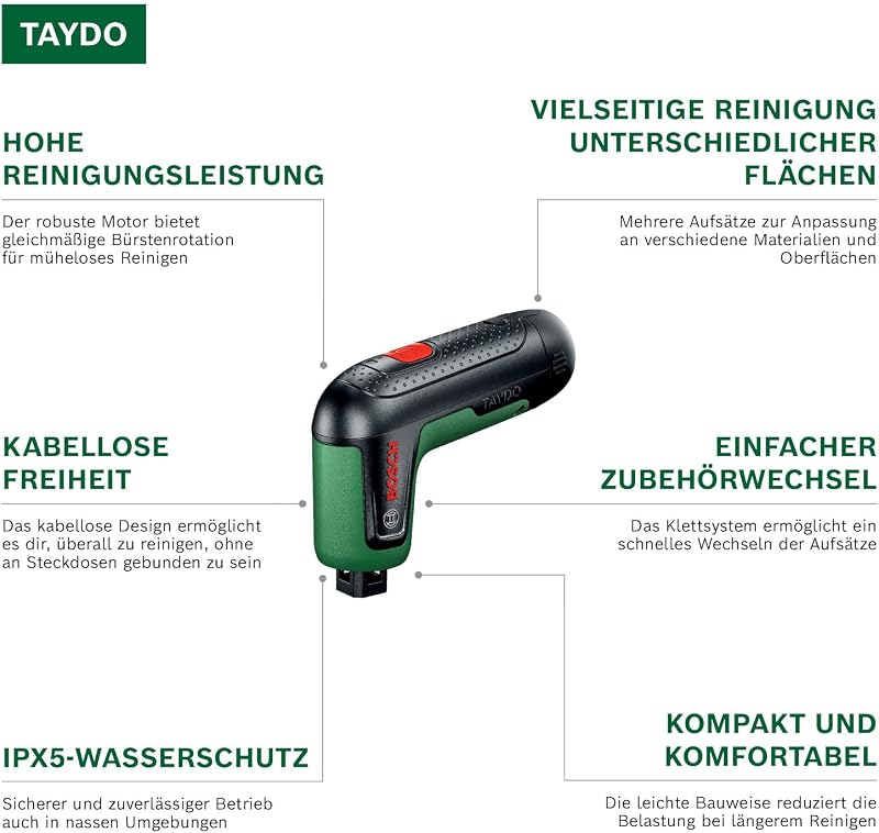 TAYDO (UniversalBrush 4V) Akku-Elektrobürsten (Bürste, Detailbürste, Padhalter, Hochleistungspad, Mikrofaserpad, Küchenschwamm, Schmutzradierer, Polierpad, Tasche)