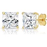14k Yellow Gold Princess-Cut Square Cubic Zirconia CZ Stud Earrings with Gold Butterfly Pushbacks