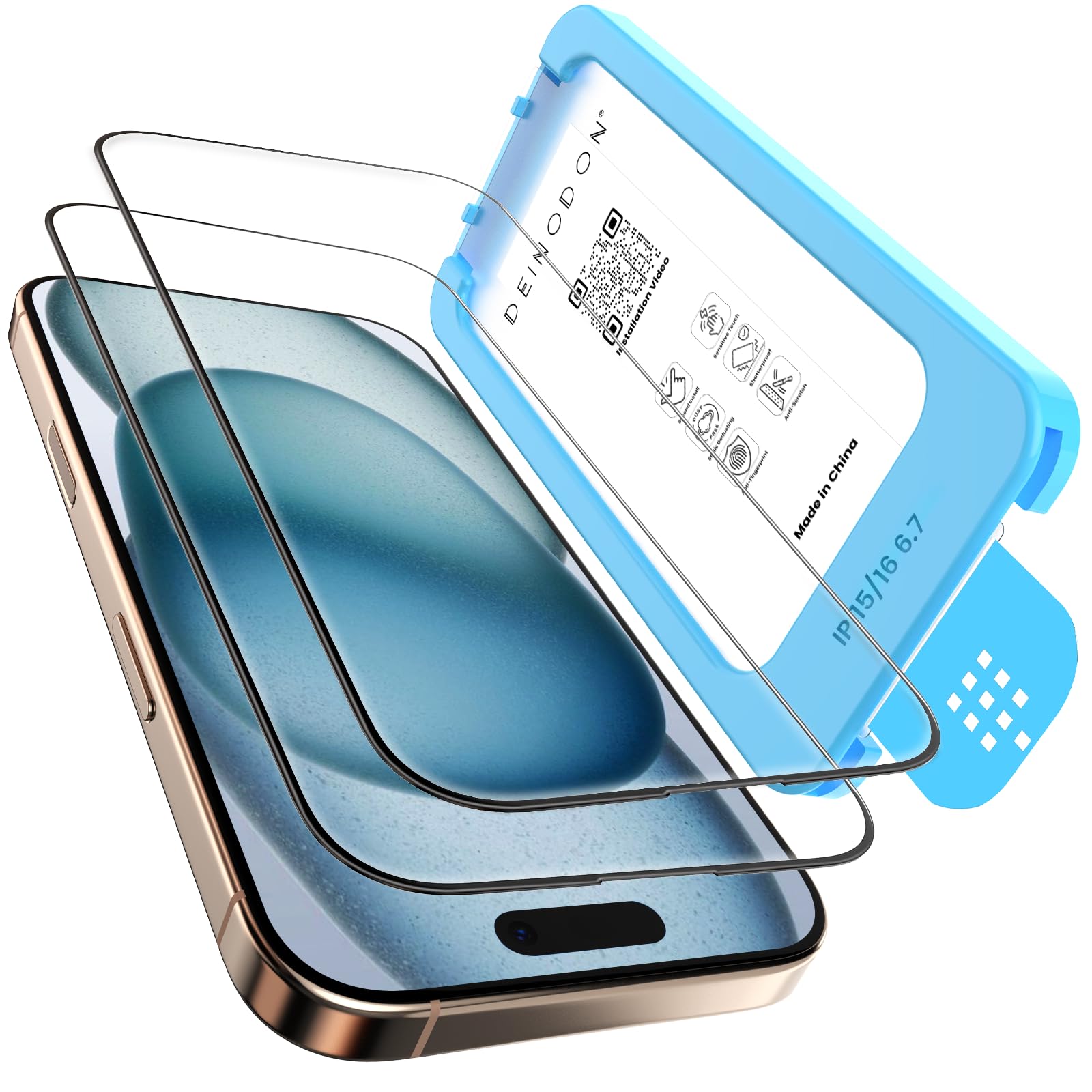 DEINODON Screen Protector for iPhone 15 Plus, [Auto-Installation Frame] Military-Grade 9H+ Hardness Tempered Glass, Full Screen Coverage, Scratch-Resistant, Anti-Fingerprint, Case Friendly, 2-Pack