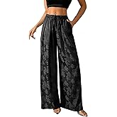 Women's Satin Wide Leg Pants Floral Textured Silky Casual Slacks High Waist Pants