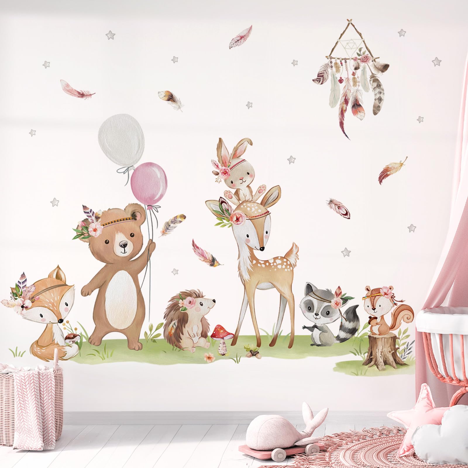 decalmile Boho Woodland Animals Wall Stickers Deer Bear Fox Rabbit Wall Decals Baby Nursery Kids Bedroom Living Room Wall Decor