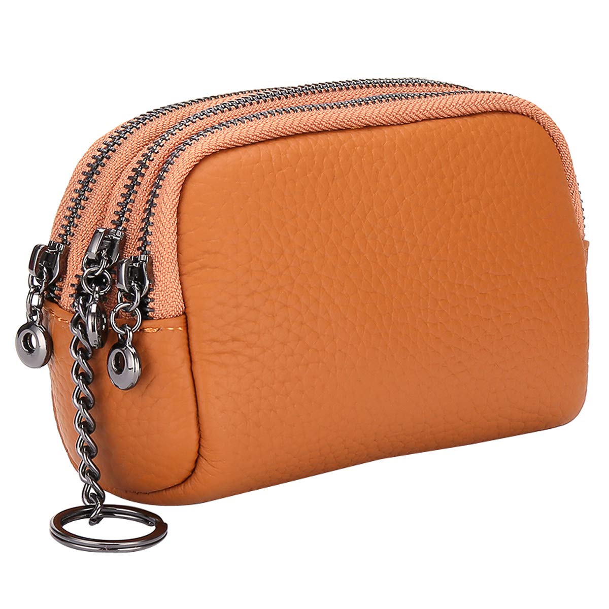 Aileder 3 Layer Zipper Coin Purse Womens Genuine Leather Cash Change Wallet Key Card Money Bag Purse with Key Ring (Yellowish Brown)