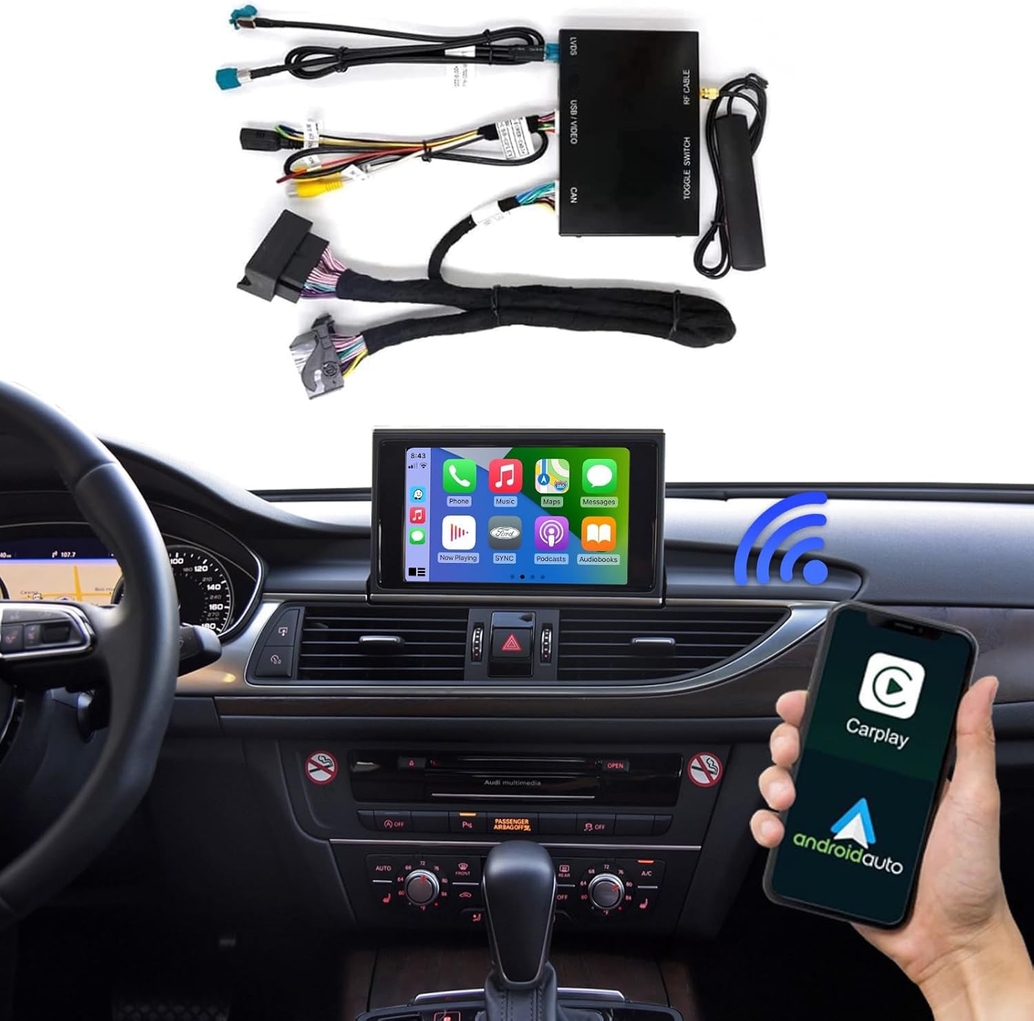 Road Top Wireless Carplay Android Auto for Audi A6 2010-2016 Year with MMI 3G System, fit for Audi A7C 2016-2018 Year with MIB2, Support Navigation, Mirrorlink, Camera