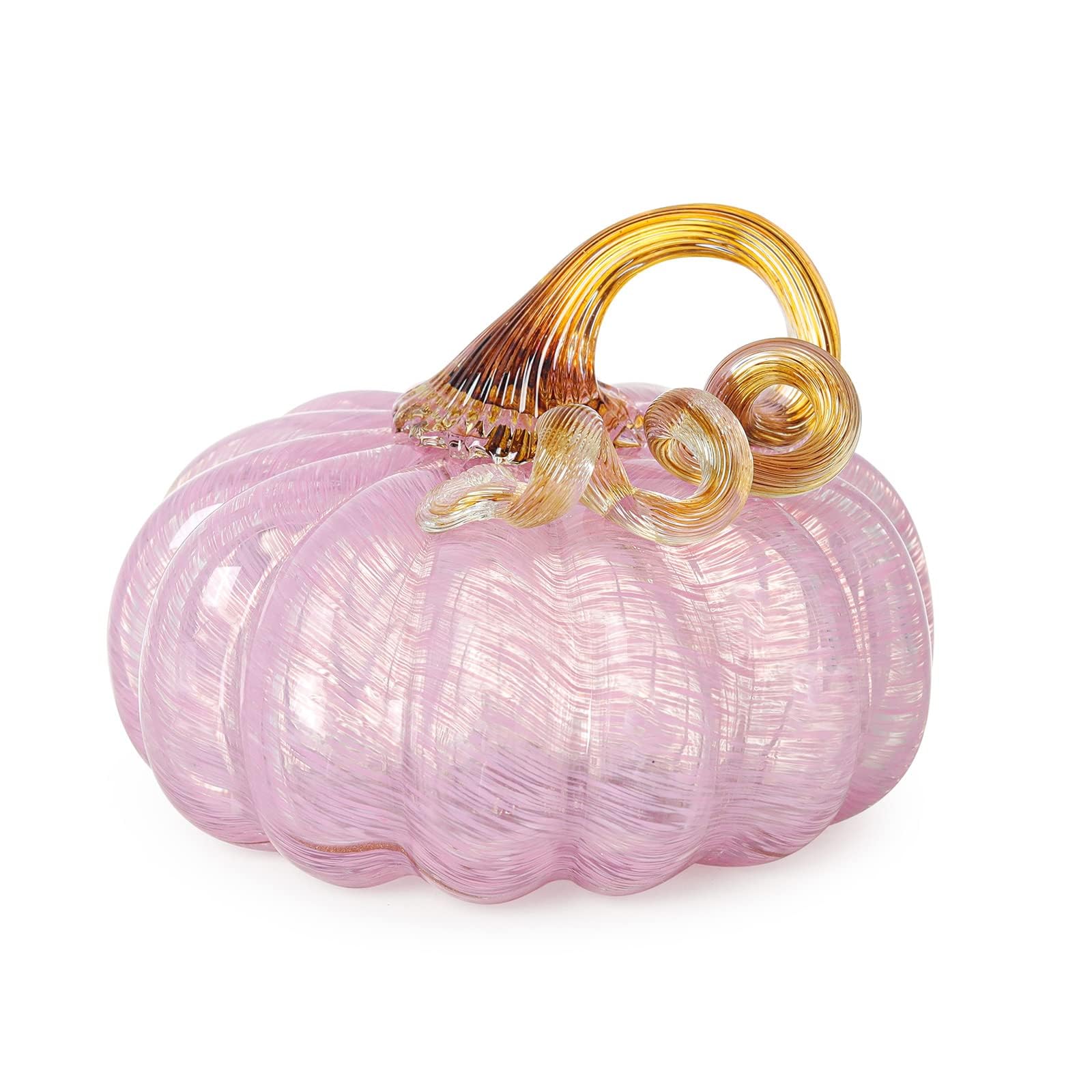 LONGWIN Hand Blown Glass Pink Pumpkin Figurines 5.2 x 3.7 Inch Crystal Fake Pumpkin Home Decor Collectible Figurine Home Decorations for Tabletop Halloween Thanksgiving