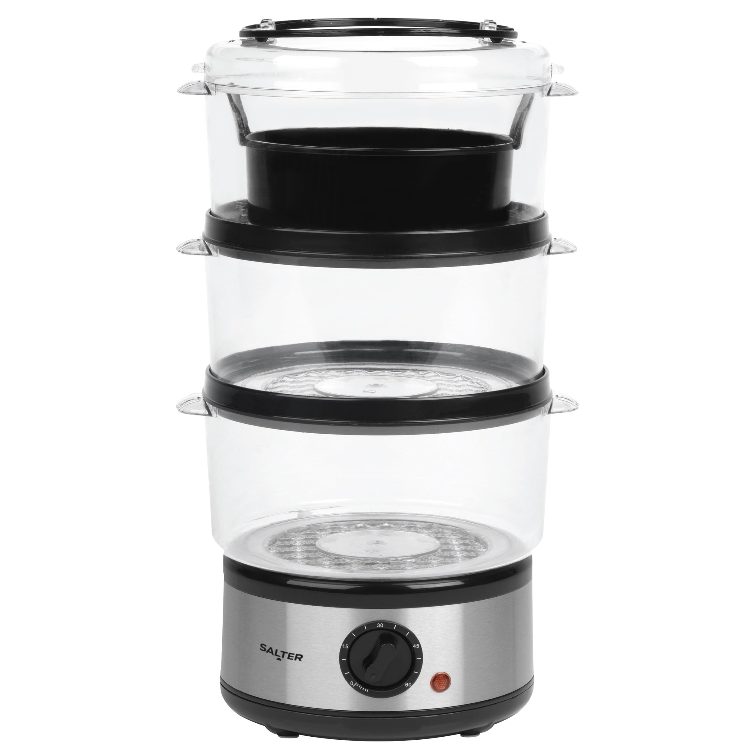 Salter 3 Tier Electric Food Steamer - 7.5L, Stackable Steaming Baskets, Dishwasher Safe, BPA Free Includes Rice Bowl, 60 Minute Timer, Compact Storage, Healthy Cooking Vegetables & Fish, 500W