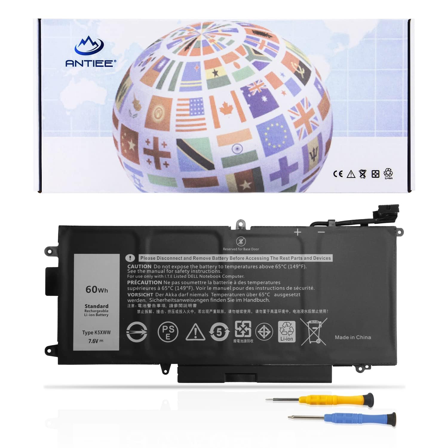 ANTIEE 7.6V 60Wh K5XWW Laptop Battery Compatible with Dell Latitude 5289 7389 7390 E5289 P29S001 P29S002 2-in-1 Series Notebook 6CYH6 71TG4 725KY J0PGR N18GG 7500mAh 4-Cell