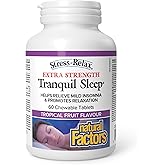 Natural Factors Stress-Relax Tranquil Sleep EXTRA STRENGTH, 60 Chewable Tablets Tropical Fruit Flavour, L-Theanine, 5-HTP, Me