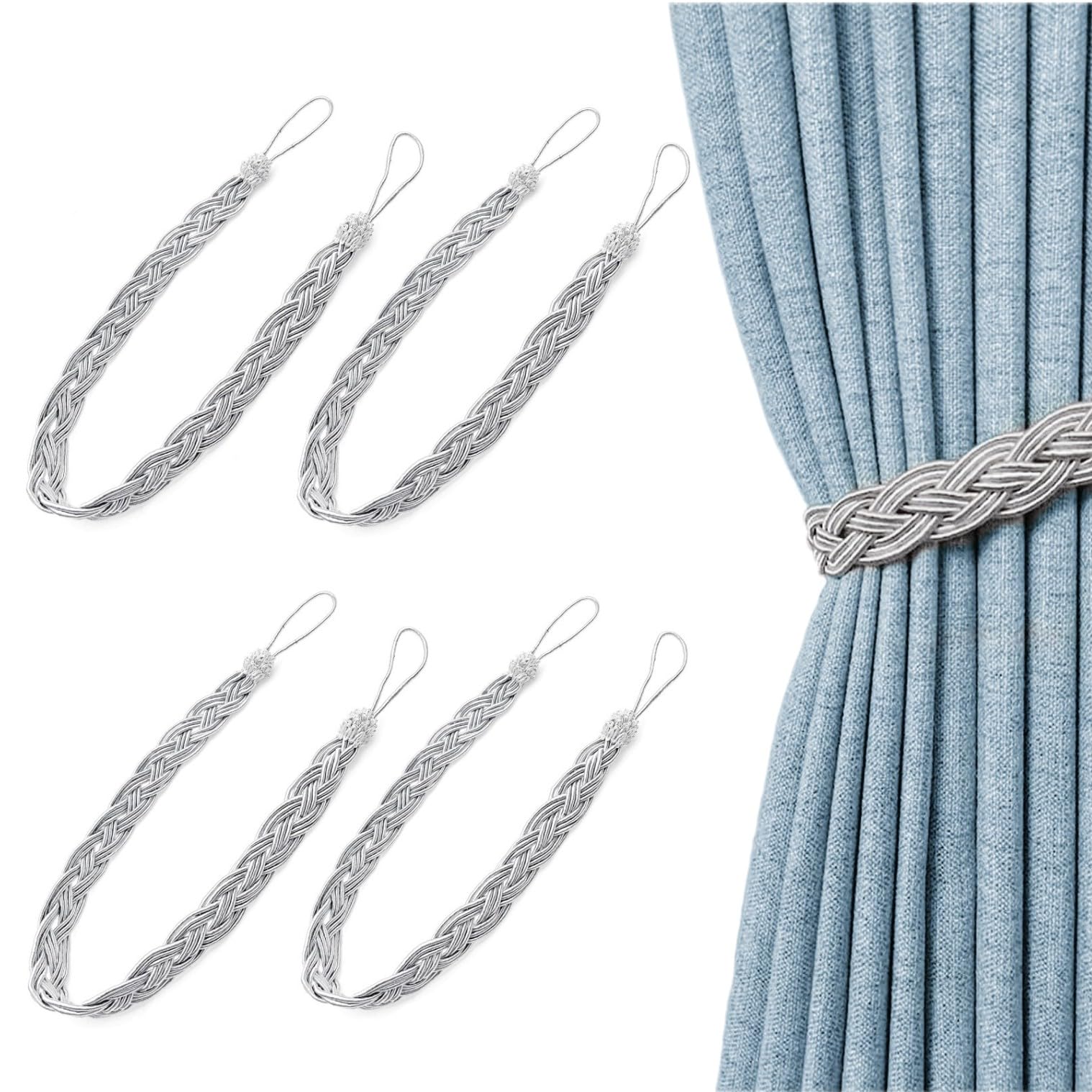 JZK 2 Pairs Silver grey tiebacks for curtains, braided curtain tiebacks tie backs, simple type curtain ties, curtain tied rope, curtain holdback rope