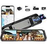 4K Mirror Triple Dash Cam for Cars, Dashcam Rearview with Night Vision WiFi | 4K Front 1080p Rear 1080p Inside, 5.8GHz WiFi, WDR, G-Sensor, Loop Recording, 64GB Card, Rideshare Uber Lyft Truck Driver