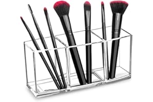 HBlife Clear Makeup Brush Holder Organizer, Acrylic Cosmetic Brushes Storage with 3 Slots, Eyeliners Display Case for Vanity