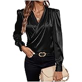 SOLY HUX Women's Satin Silk Blouses Wrap V Neck Puff Long Sleeve Shirts Casual Office Work Tops