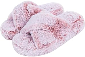 DL Fluffy Womens House Slippers Cross Band Open Toe, Soft Plush Fleece Bedroom Slippers Women Memory Foam, Comfy Fuzzy Slip On Non-Slip Womens Slippers Indoor Pink Gray Black White