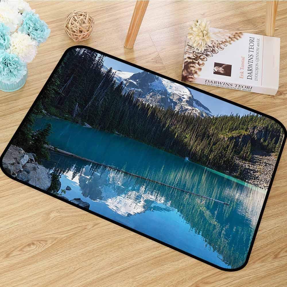 Lake House Decor Non Slip Rugs Lake in Northern Canada with Slim Trees and Snowy Frozen Mountain Novelty Photo Anti-Static W59 x L82 Blue White Green
