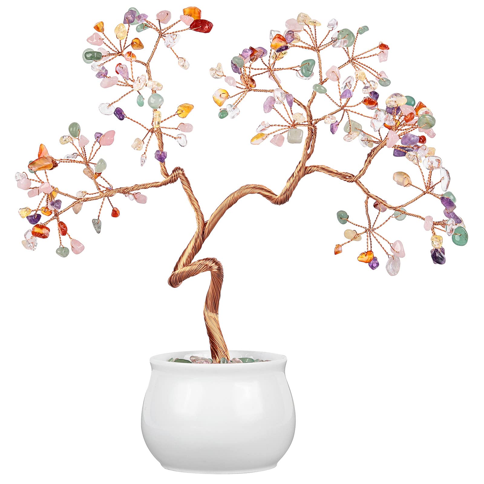 Nupuyai 7 Chakra Crystal Money Tree with Ceramic Base, Good Luck Healing Stone Feng Shui Bonsai Gem Tree Spiritual Ornament for Home Office Decor, 20-24cm