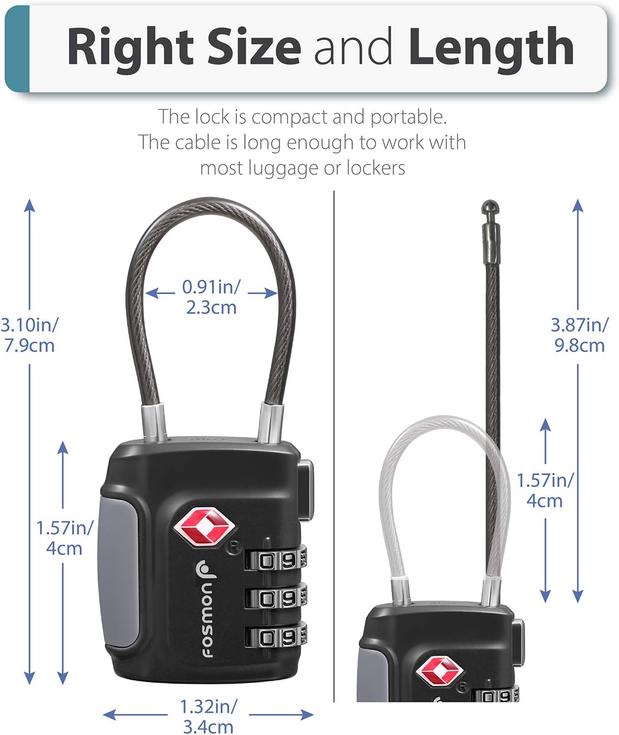  | Fosmon TSA Approved Cable Luggage Locks (4 Pack), 3 Digit Combination Padlock with Zinc Alloy Steel Cable Lock Ideal for Travel Suitcase, Backpack, Lockers - Black, Green, Red and Blue | Luggage Locks
