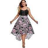 Rosegal Womens Plus Size Gothic Grommet High Low Floral Skull Dress A Line Halloween Rockabilly Cami Dress