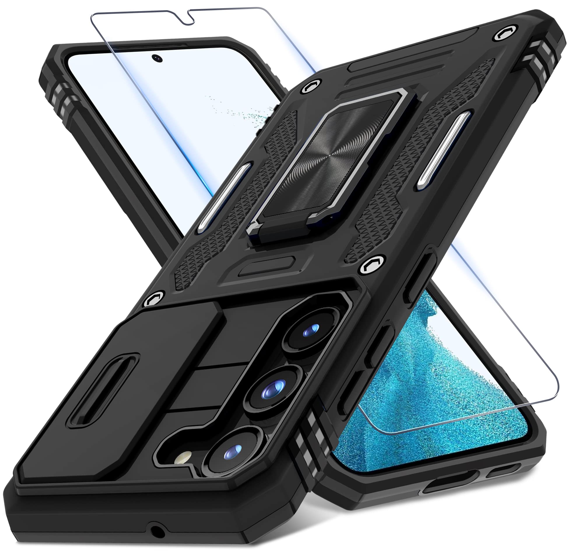 Photo 1 of DEERLAMN Case for Samsung Galaxy S22 with Slide Camera Cover+Screen Protector(1 Pack),Rotated Ring Kickstand Military Grade Shockproof Protective Cover-Black