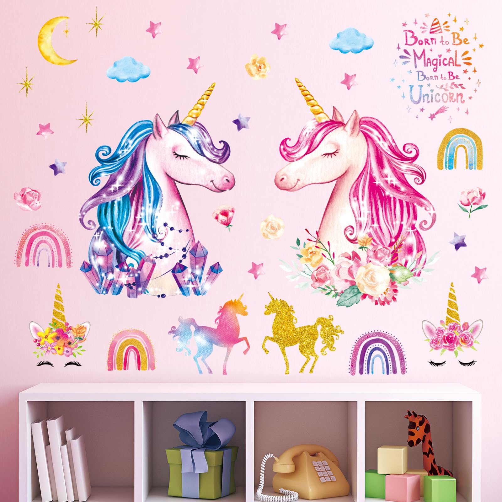 DECOWALL DS-8049 Large Colorful Unicorn Wall Stickers Rainbow Stars Decals for Kids Girls Baby Birthday Bedroom Nursery Living Room Art Home Decor Decoration Removable