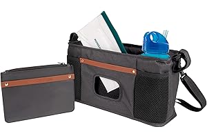 WONDERFOLD Universal Parent Console Stroller Organizer with Insulated Cup Holders, Hook & Loop Closure Handle Attachment, 2 Storage Pockets, Removable Shoulder Strap for Easy Transport