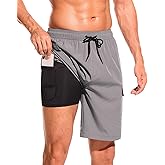 SILKWORLD Men's Swim Trunks with Compression Liner Quick Dry Bathing Suits 9 Inch Swimming Shorts with Cargo Pockets