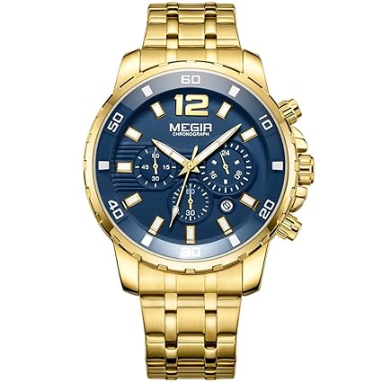 MEGIR Gold Stainless Steel Quartz Watch for Men Mans Business Chronograph Analog Wristwatch 24-Hour