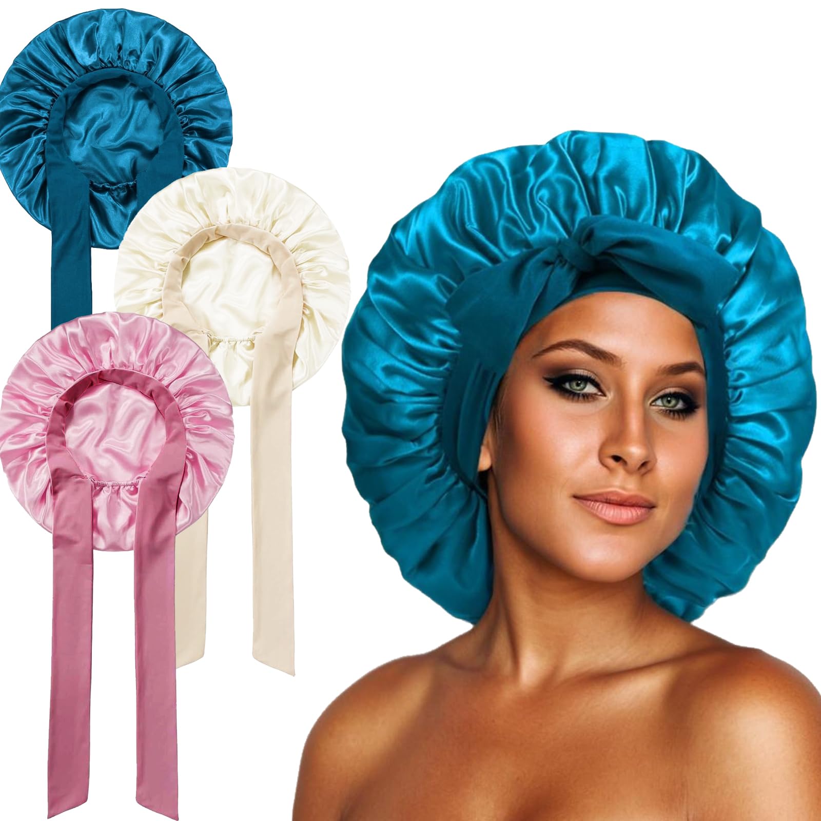 TYXHXTF 3 Pcs Satin Bonnet, Hair Bonnet for Sleeping, Night Hair Sleeping Cap, Silk Hair Wrap for Sleeping, with Tie Band, for Women Long, Straight and Curly Hair