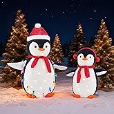 DUMOS 2-Piece Lighted Penguin Family Outdoor Christmas Decoration, Pop up Holiday Decor with 150 LED Lights for Yard, Garden, Storefront, Red