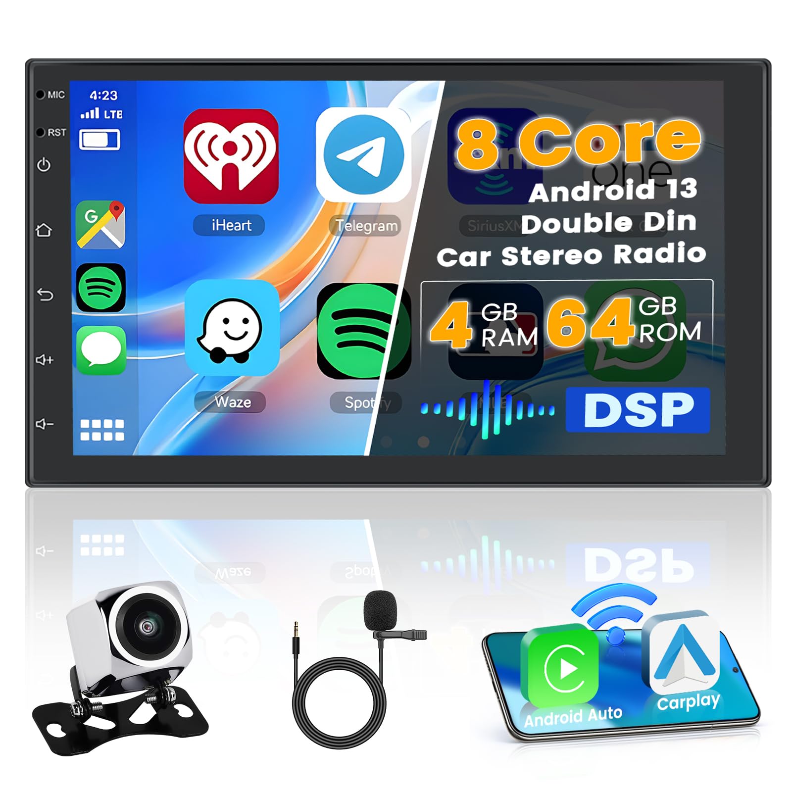 Photo 1 of [8-Core 4+64G] Hikity Android 13 Double Din Car Stereo with Wireless Carplay Android Auto, 7'' Touchscreen Radio Head Unit GPS Navigation, 32EQ DSP/Bluetooth 5.0/WiFi/SWC+AHD Backup Cam