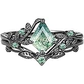 Natural Moss Agate Engagement Ring for Women 925 Sterling Silver Bridal Ring Set Kite Cut Moss Agate Wedding Ring Set Promise Rings Set for Her