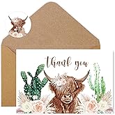 Whaline 36Pcs Highland Cow Thank You Cards with Envelopes and Stickers Cow Cactus Flower Greeting Card Watercolor Blank Note Card for Wedding Bridal Baby Shower