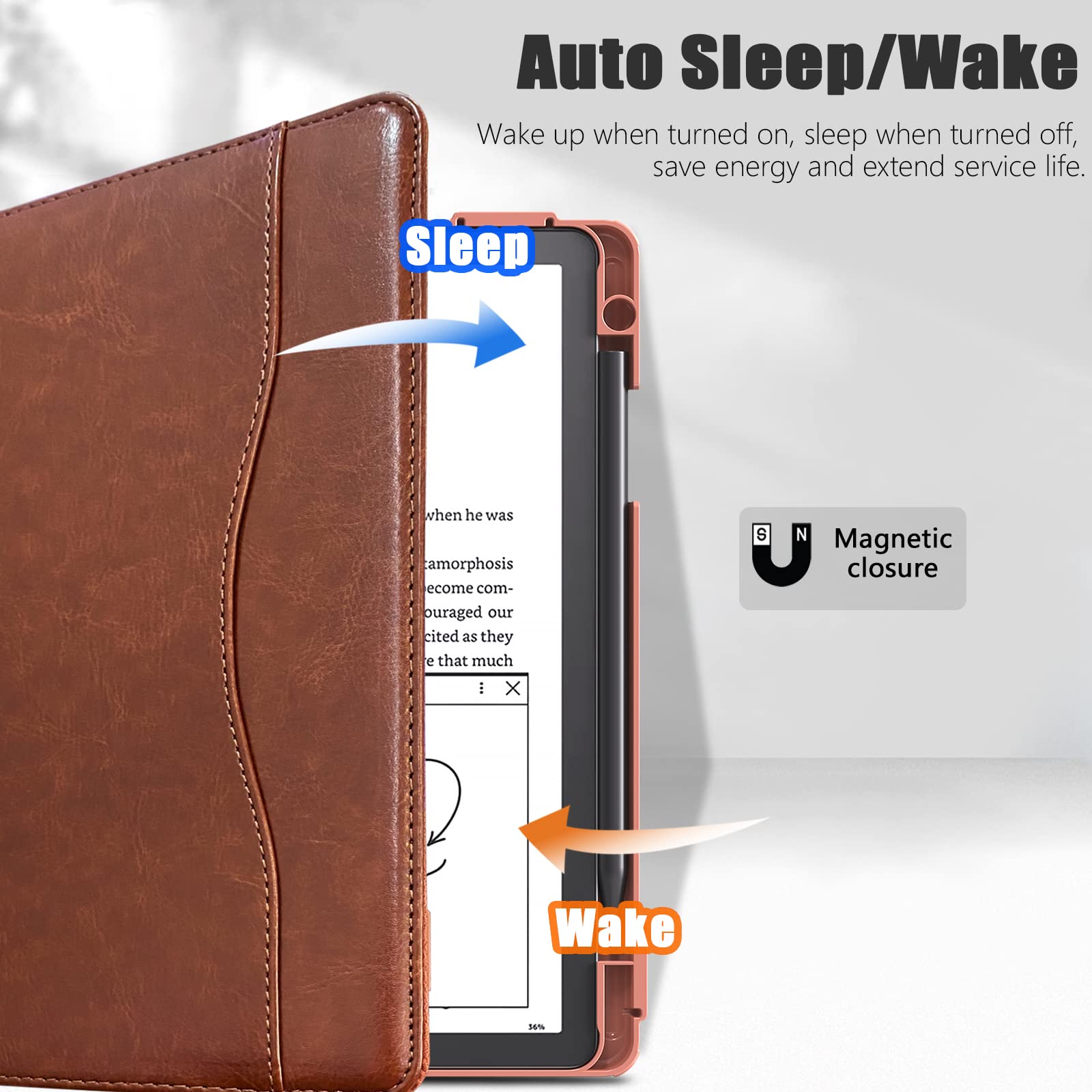 E NET-CASE Case for Kindle Scribe 10.2 inch 2024 & 2022 Released, Multi-Viewing 360 Degree Rotating Cover with Stand, Auto Sleep/Wake with Pen Holder, (Brown)