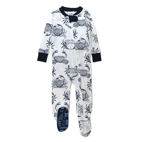 HonestBaby Non-Slip Footed Pajamas One-Piece Sleeper Zip-Front Pjs 100% Organic Cotton for Baby Boys, Crabs, 24 Months