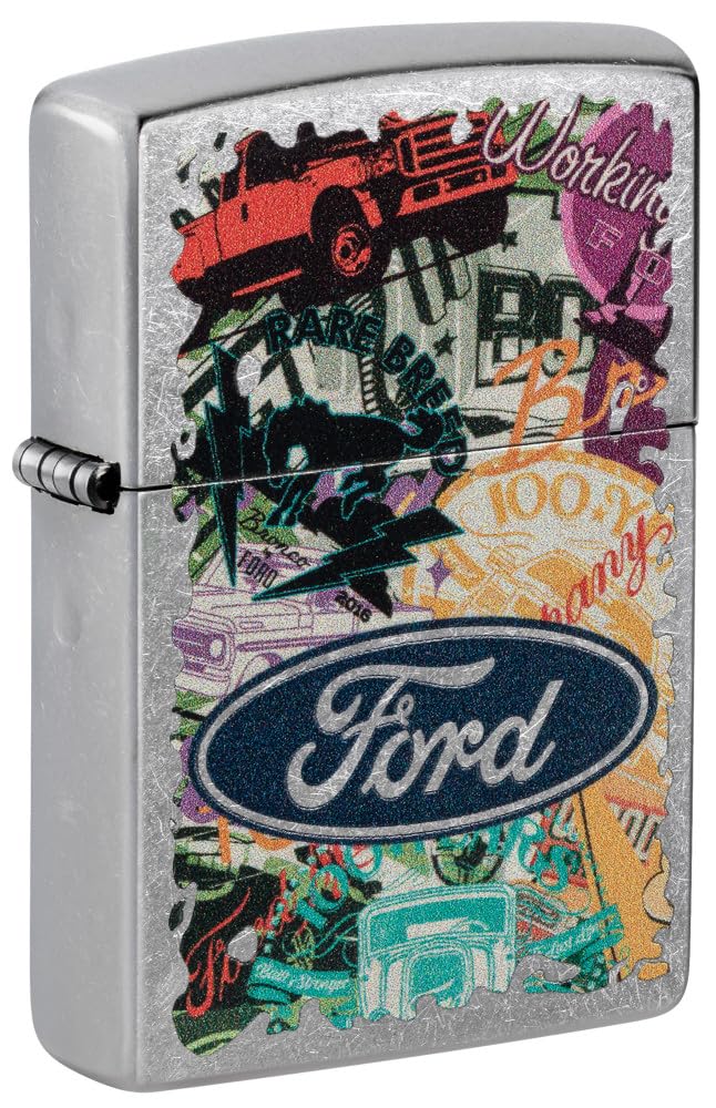 Zippo Windproof Lighter - Ford Design - Chrome Brushed, Colour Image - Refillable, Lifetime Use - Adjustable Flame - Gift Box - Metal Construction - Made in USA