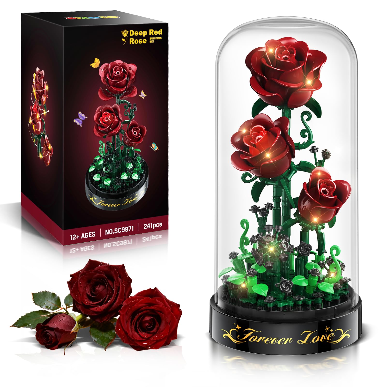 HiWEEGO Blumen Rosen Bausatz mit LED Licht, 241 Teile Burgunderrot Rosenstrauß, 3.6MM Blumenstrauß Baustein Spielzeug, Botanische Kollektion Valentinstagsgeschenk für Mädchen Erwachsene und Frauen